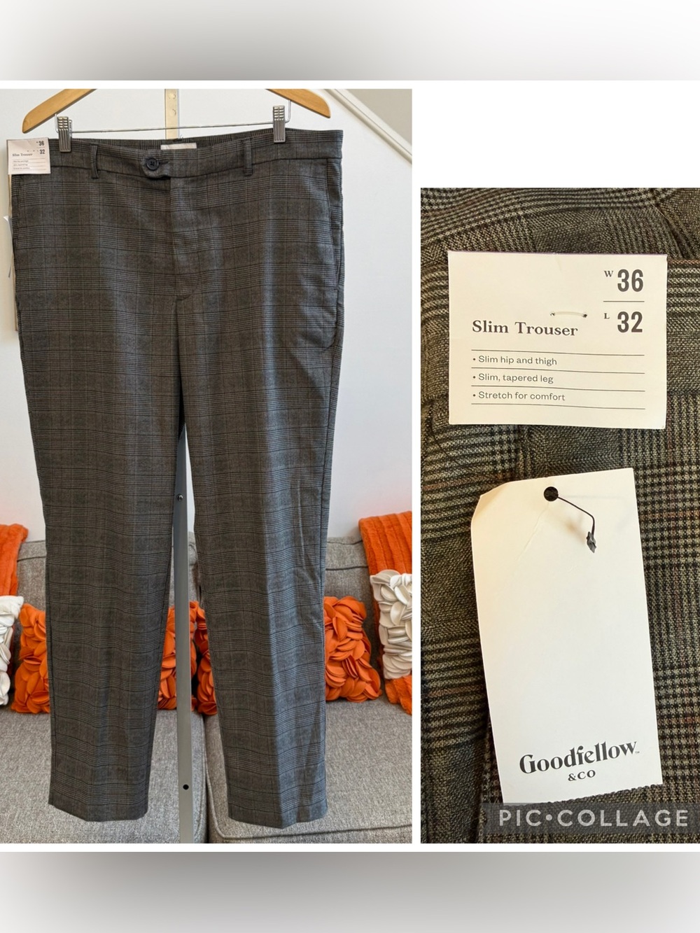 NWT Goodfellow & Co. Brown / Gray Plaid Slim Trousers / Dress Pants 36x32
